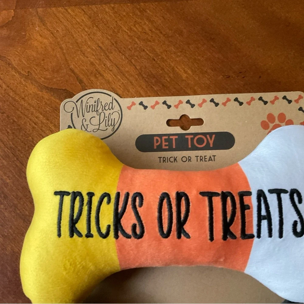 Halloween Dog Toys TRICKS OR TREATS & Candy corn Bones 8” squeaky set of 2